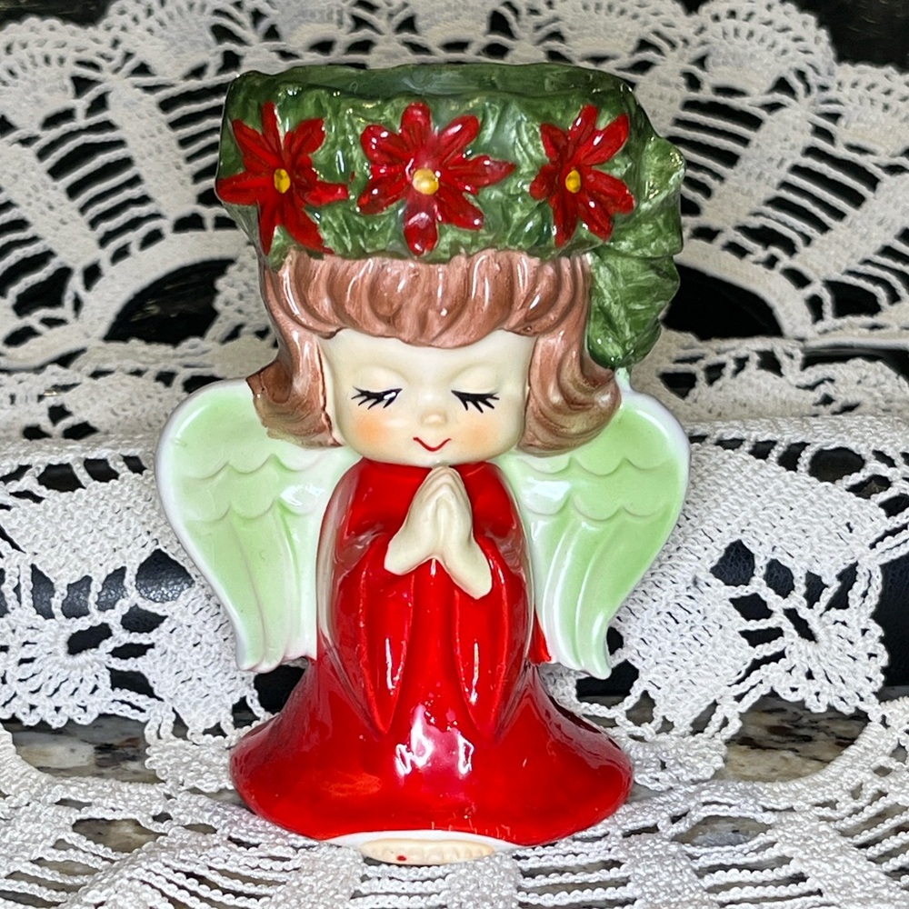 Vintage Lefton Japan Angel Figurine 4” Praying Angel Holly Hat Christmas Decor